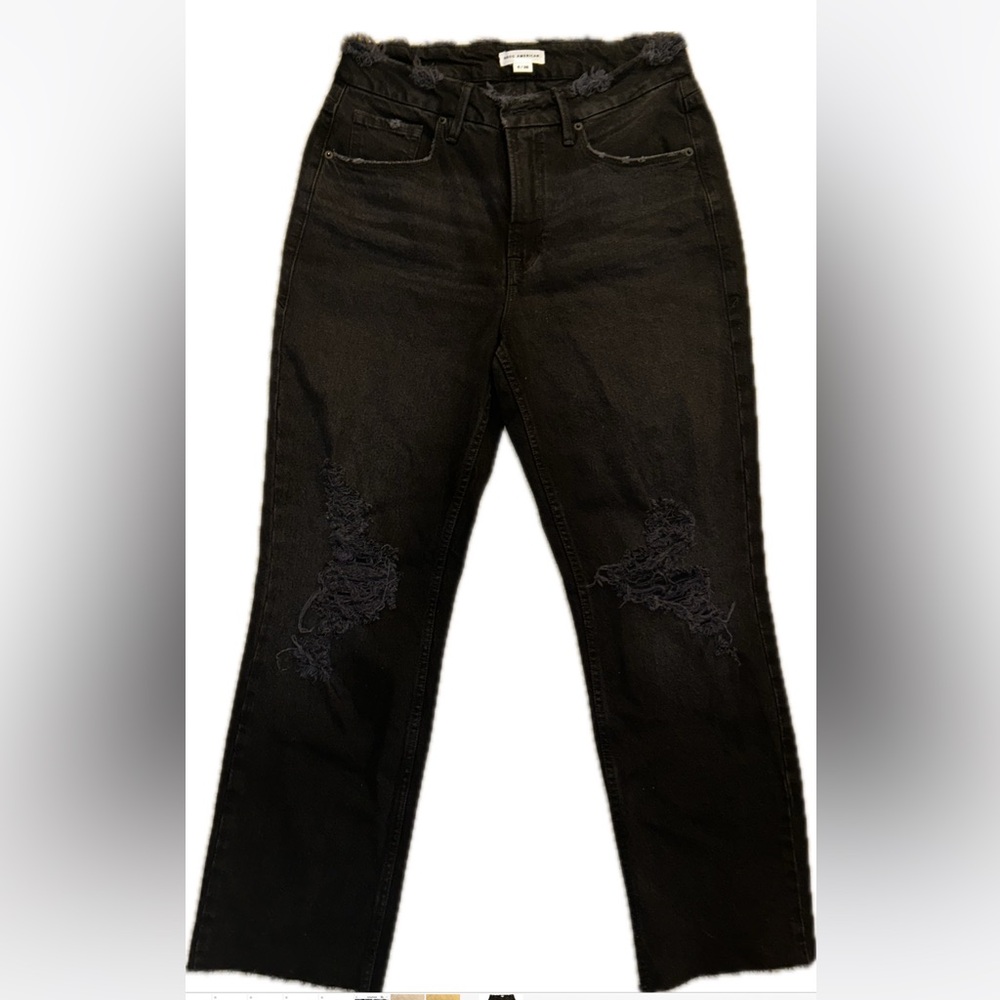 Good American High Waisted Black Ripped Knee Jeans